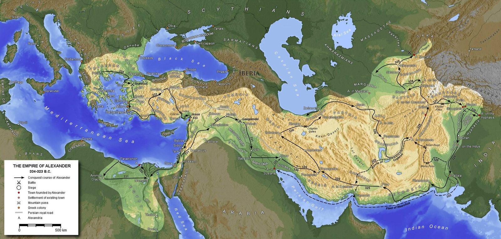 Map of Alexander's empire and campaign route, 334–323 BC, from Macedon through Asia Minor, Egypt, Mesopotamia, Persia, Bactria and the Indus valley
