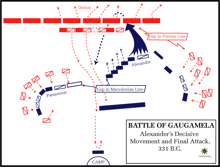 Map: the decisive phase at Gaugamela, the Companion cavalry charging into the gap in the Persian line towards Darius
