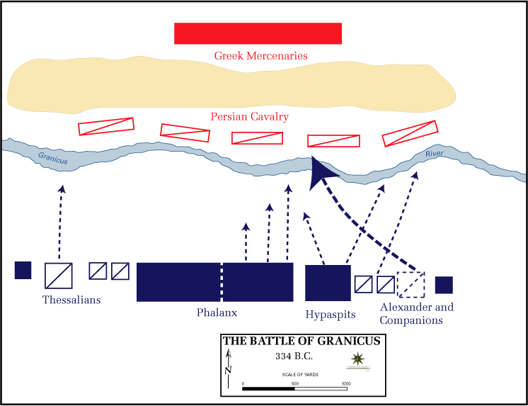 Map: the Battle of the Granicus, 334 BC, Macedonian army crossing the river against the Persian cavalry drawn up on the far bank
