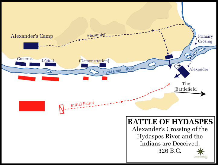 Map: the Hydaspes crossing, Alexander's night march upstream to a wooded island while Craterus demonstrates opposite Porus's camp