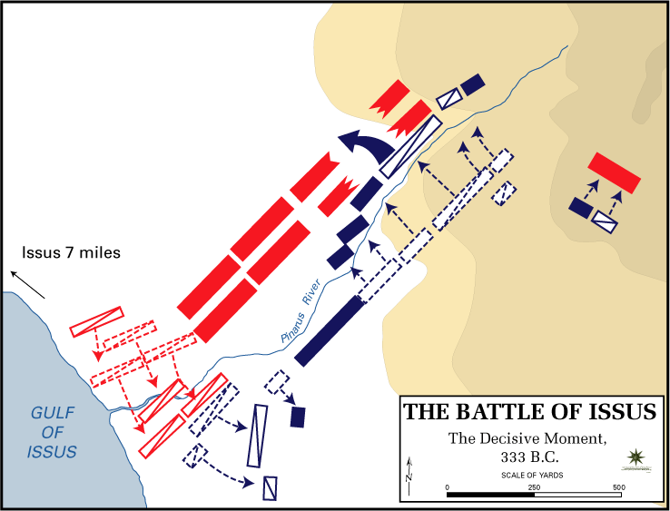 Map: the decisive phase at Issus, the Companion cavalry breaking the Persian left and turning on Darius's centre