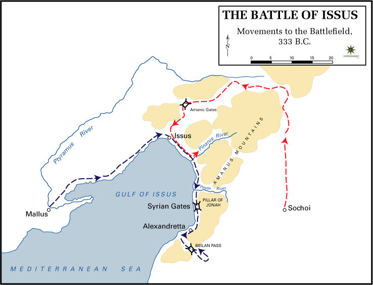 Map: strategic movements before Issus, Darius crossing the Amanus mountains to cut Alexander's rear