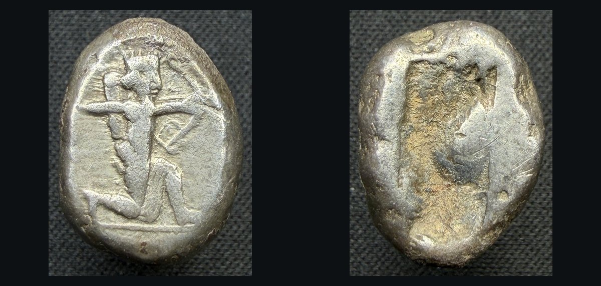 Achaemenid Persian silver siglos, Great King as archer kneeling-running right / incuse punch