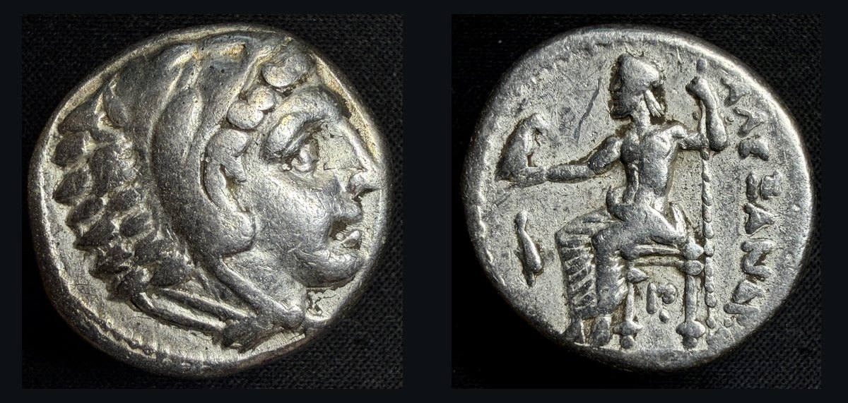 Alexander tetradrachm, Amphipolis, Price 129: Herakles / Zeus enthroned, aplustre in field