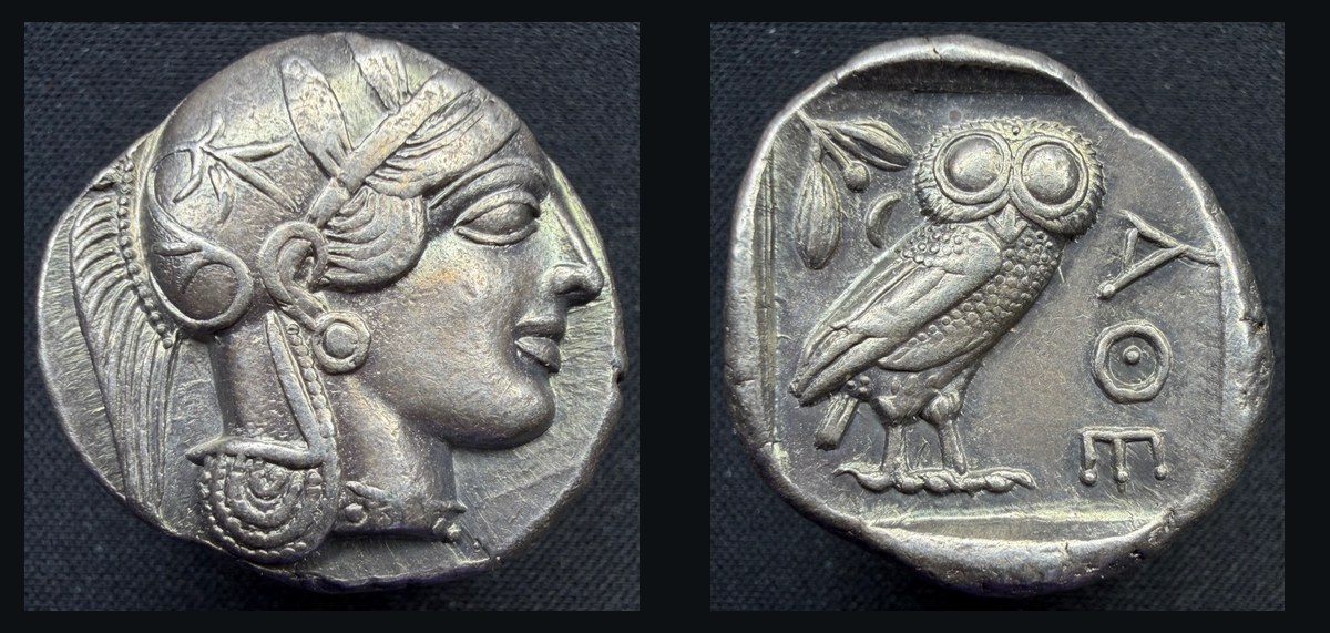 Athenian silver tetradrachm, classical period: head of Athena / owl standing with olive sprig and crescent