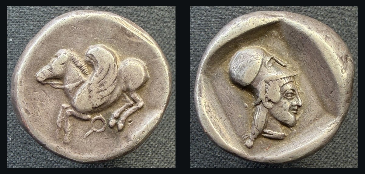 Silver stater of Corinth: Pegasos / head of Athena in Corinthian helmet