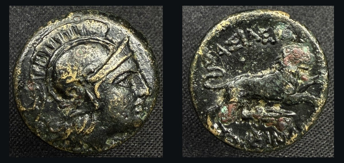Bronze of Lysimachos: head of Athena / lion leaping