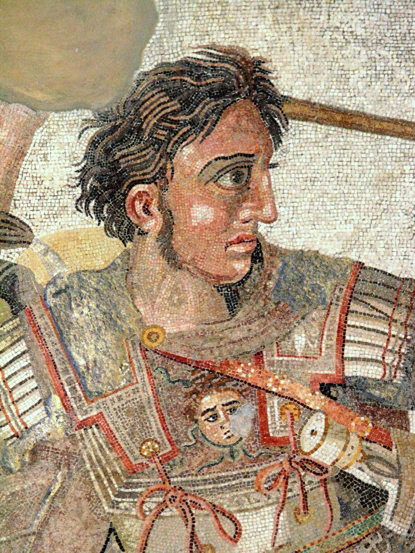 Detail of the Alexander Mosaic: the head and shoulders of Alexander, bareheaded, in a linen cuirass bearing the gorgoneion, his gaze fixed ahead