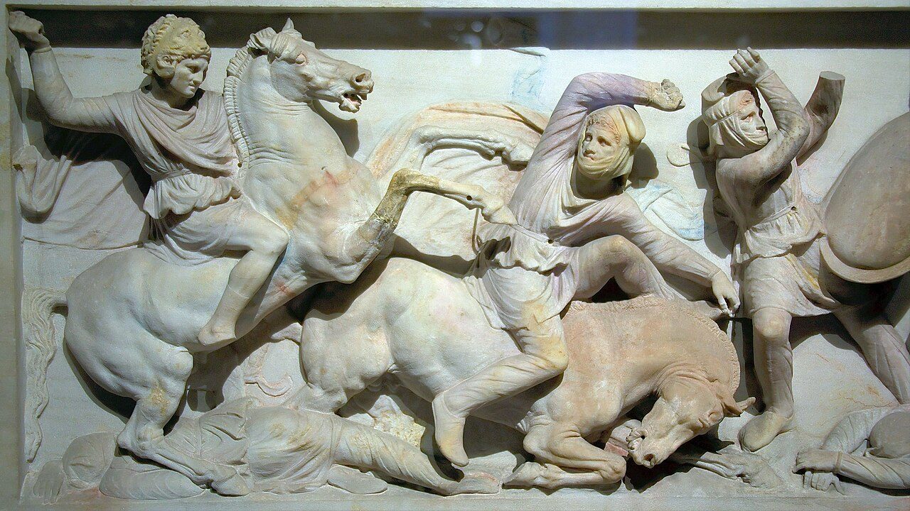 The Alexander Sarcophagus, long side: Alexander on horseback in a lion-skin helmet fighting Persians