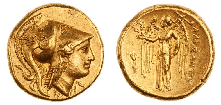 Gold distater of Alexander the Great: head of Athena in Corinthian helmet / Nike standing with wreath and stylis