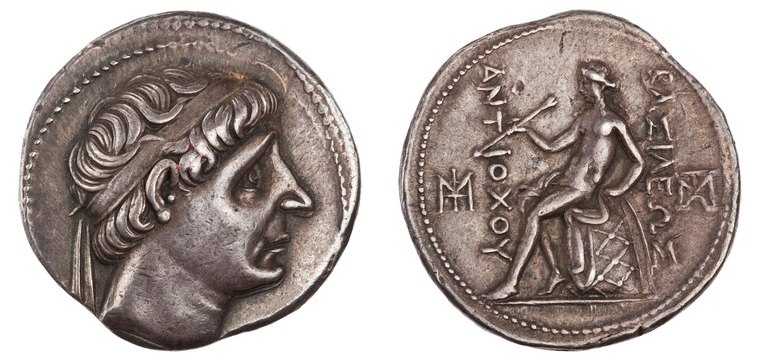 Silver tetradrachm of Antiochos I: diademed head / Apollo seated on omphalos