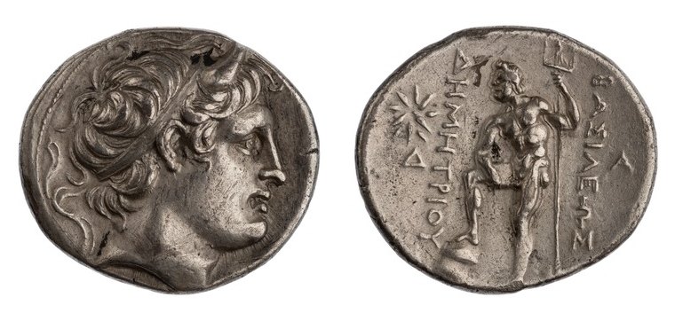 Silver tetradrachm of Demetrios Poliorketes: diademed and horned head of Demetrios / Poseidon