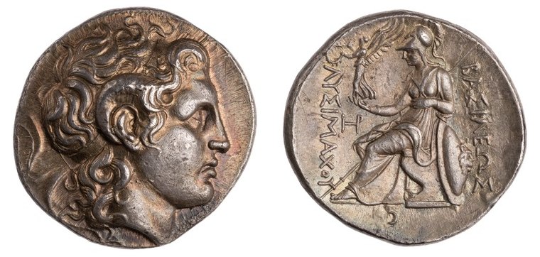 Silver tetradrachm of Lysimachos: head of deified Alexander with horn of Ammon / Athena enthroned holding Nike