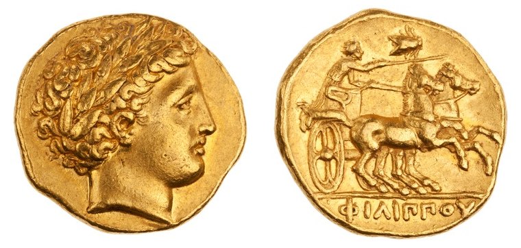 Gold stater of Philip II: head of Apollo / biga