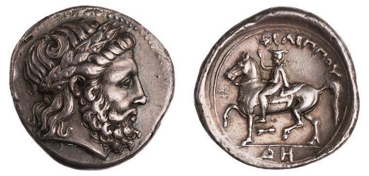 Silver tetradrachm of Philip II: head of Zeus / youth on horseback