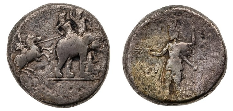 The Porus decadrachm: Alexander on horseback attacking Porus on an elephant / Alexander standing holding a thunderbolt, crowned by Nike