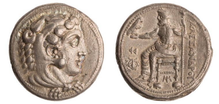 Lifetime tetradrachm of Alexander the Great, Price 3230, Myriandros: Herakles / Zeus enthroned with legs parallel