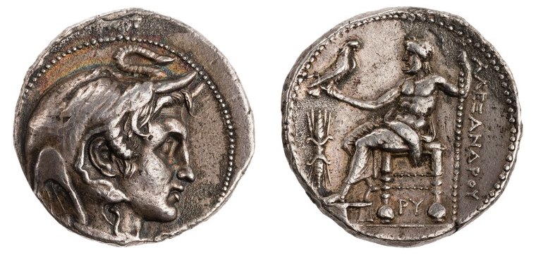 Silver tetradrachm of Ptolemy I as satrap: head of deified Alexander in elephant scalp / Zeus enthroned