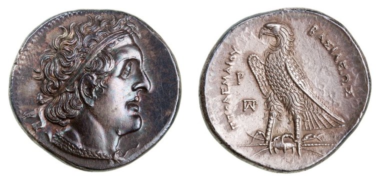 Silver tetradrachm of Ptolemy I as king: diademed head of Ptolemy / eagle on thunderbolt