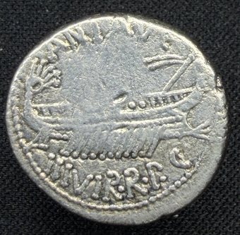 Obverse of the collection's LEG X denarius: a praetorian galley rowing right, ANT AVG III VIR R P C around.