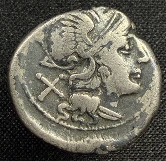 Anonymous Victory-in-biga denarius, Roma helmeted right.