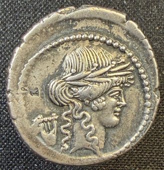 Denarius of P. Clodius Turrinus, laureate head of Apollo right.