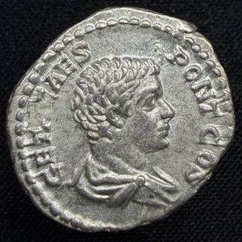 Denarius of Geta, bare-headed bust right.