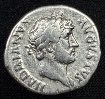 Denarius of Hadrian, laureate head right.