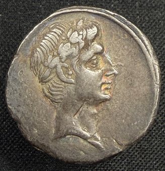 Denarius of Octavian, laureate head right.