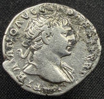 Denarius of Trajan, laureate head right.