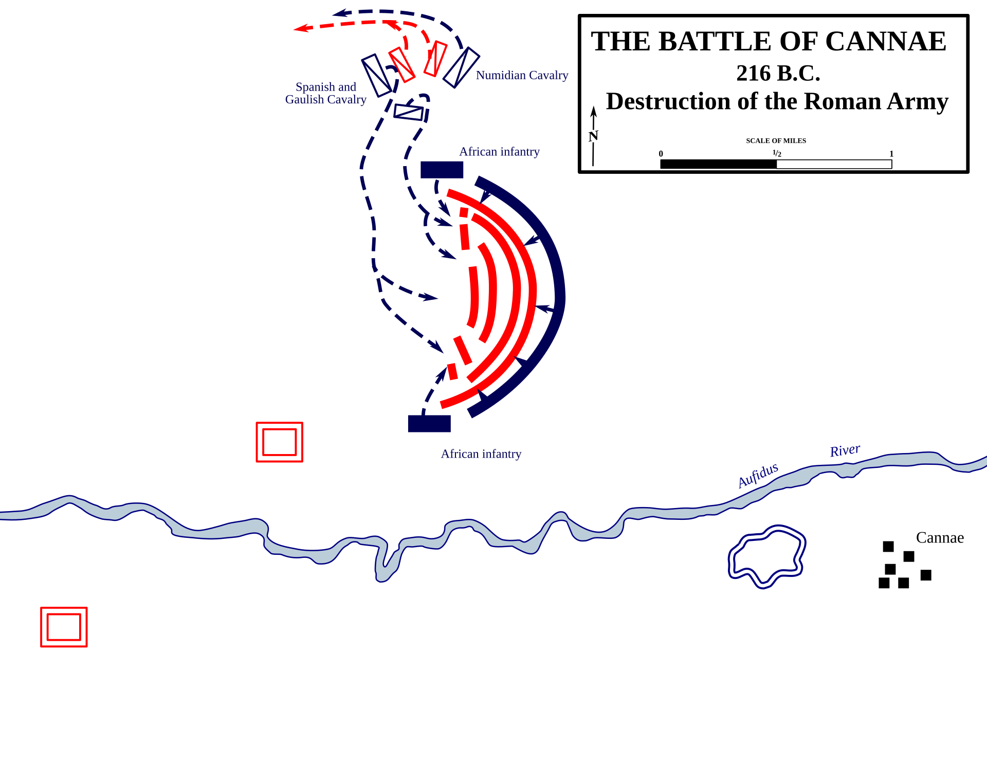 Map: the double envelopment at Cannae, Carthaginian wings and cavalry closing around the encircled Roman army
