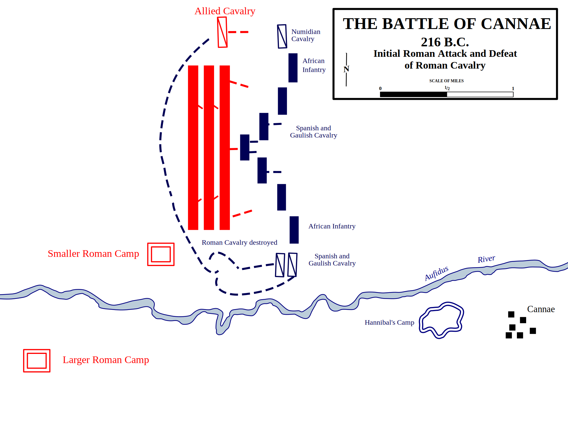 Map: the opening dispositions at Cannae, the Roman infantry mass facing the Carthaginian crescent