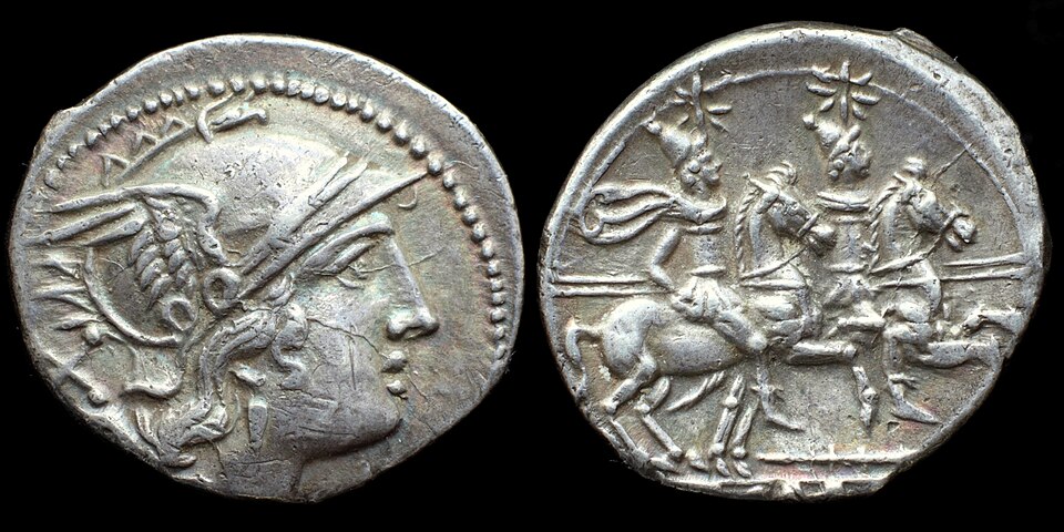 Anonymous Roman denarius, helmeted Roma and the Dioscuri