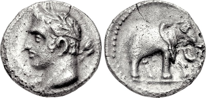 Barcid silver quarter-shekel: laureate Melqart with club, and a war elephant advancing right