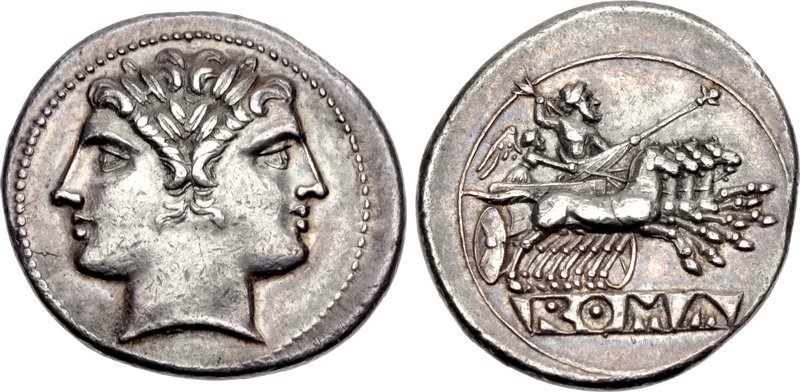 Roman quadrigatus didrachm, janiform head and Jupiter in a quadriga