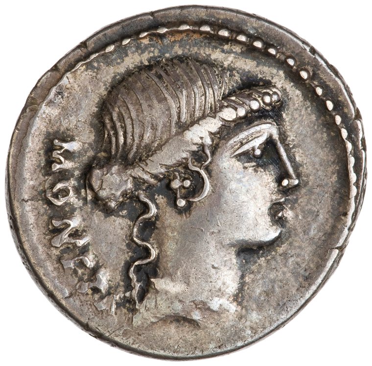 Obverse of the denarius of T. Carisius: draped head of Juno Moneta right, legend MONETA behind.