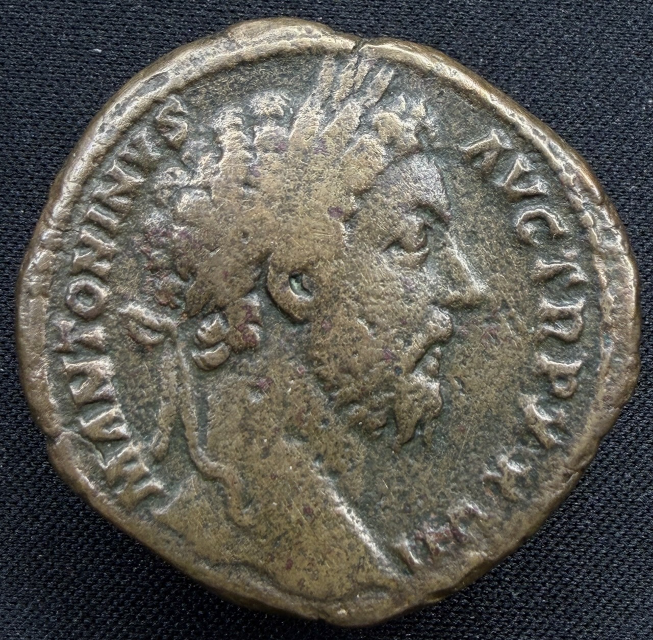 Sestertius of Marcus Aurelius with smooth chestnut-brown patina