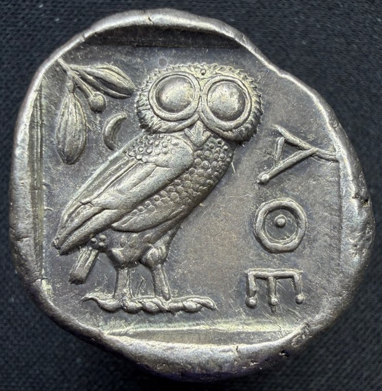 Reverse of an Athenian owl tetradrachm from this collection, struck on the Attic standard at about 17 grams