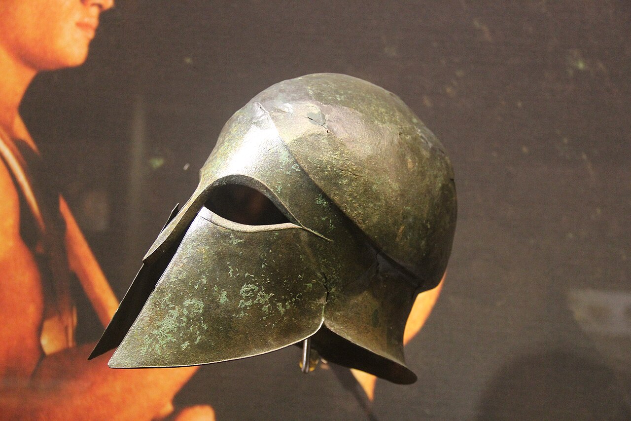 A bronze Corinthian helmet